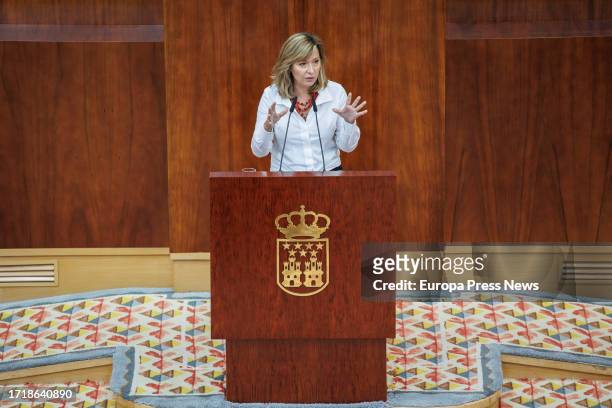 Deputy, Maria de los Llanos Castellanos, speaks during a plenary session of the Assembly of Madrid, on October 5 in Madrid, Spain. The Popular...