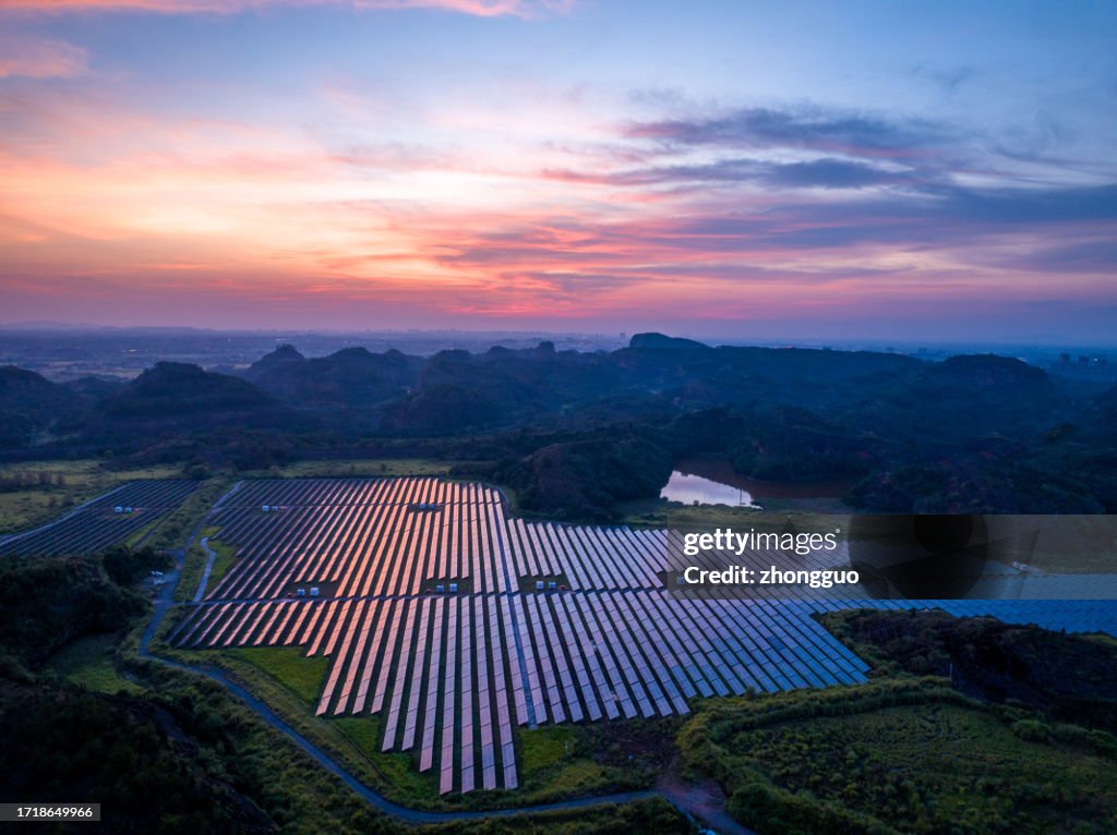 Aerial photography of solar power plant at night