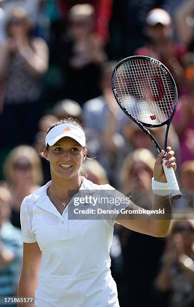 Laura Robson of Great Britain celebrates match point during the Ladies' Singles third round match against Marina Erakovic of New Zealand on day six...