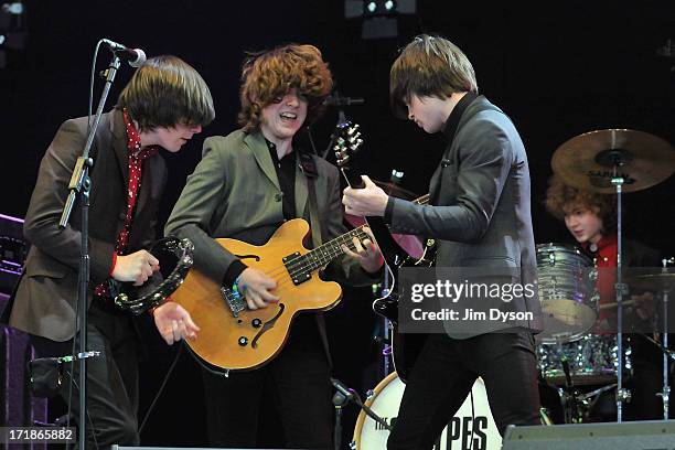 Ross Farrelly, Pete O'Hanlon, Josh McClorey and Evan Walsh of The Strypes perform on the John Peel stage during day 3 of the 2013 Glastonbury...