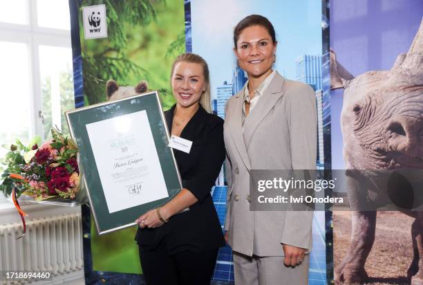 Crown Princess Victoria of Sweden with Therese Lindgren, winner of the Environmental Hero of the Year Prize, during WWF's autumn meeting at Ersta...