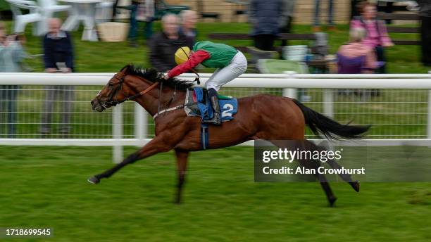 John Fahy riding Finbar Furey win The Radcliffe & Co British EBF Novice Stakes at Salisbury Racecourse on October 05, 2023 in Salisbury, England.