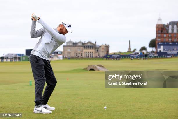 Sebastian Soderberg of Sweden tees off on the 18th hole during Day One of the Alfred Dunhill Links Championship at the Old Course St. Andrews on...