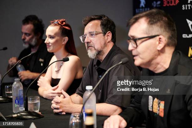 Producer Enrique Lopez Lavigne, actress Aria Bedmar, director Paco Plaza and Sitges Film Festival director Angel Sala attend "Hermana Muerte" press...