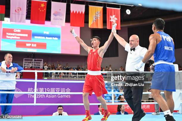 Tuohetaerbieke Tanglatihan of China celebrates after Boxing Men's 71-80kg Final between Tuohetaerbieke Tanglatihan of China and Marcial Eumir Felix...