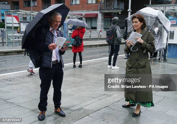 Government Chief Whip Hildegarde Naughton and Fine Gael TD Richard Bruton during a morning canvass of commuters at Mayor Square in Dublin's city...