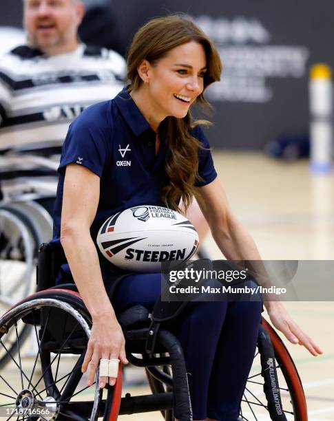 Catherine, Princess of Wales takes part in a wheelchair rugby training session, facilitated by members of the world-cup winning England Wheelchair...