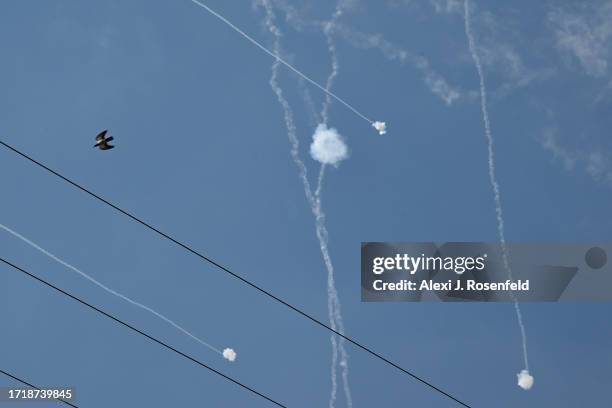 Israel's Iron Dome defense system intercepts rockets fired from Gaza on October 11, 2023 in Sderot, Israel. Israel has sealed off Gaza and conducted...