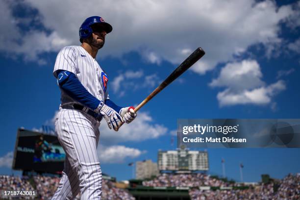 Mike Tauchman of the Chicago Cubs stands on deck in a game against the San Francisco Giants at Wrigley Field on September 4, 2023 in Chicago,...