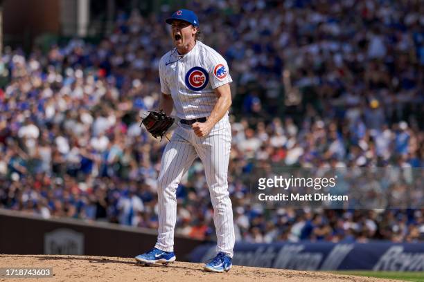 Justin Steele of the Chicago Cubs reacts in a game against the San Francisco Giants at Wrigley Field on September 4, 2023 in Chicago, Illinois.