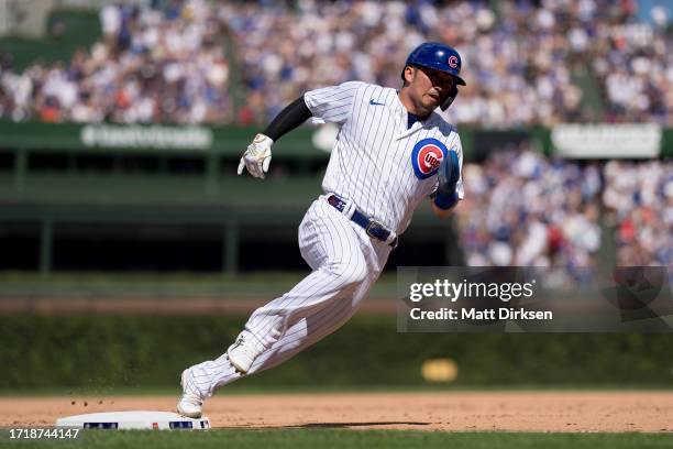 Seiya Suzuki of the Chicago Cubs scores a run in a game against the San Francisco Giants at Wrigley Field on September 4, 2023 in Chicago, Illinois.