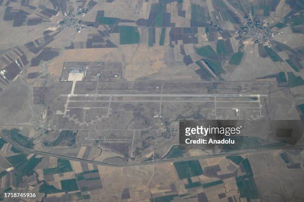 An aerial view of Mus Airport, taken from an airplane traveling over Turkiye and Azerbaijan in Mus, Turkiye on September 24, 2023.