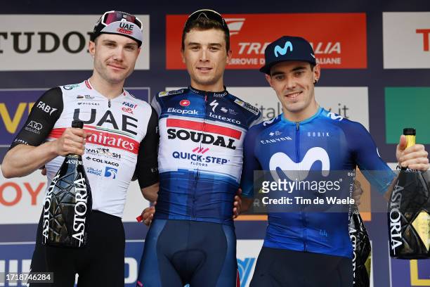 Marc Hirschi of Switzerland and UAE Team Emirates on second place, race winner Andrea Bagioli of Italy and Team Soudal Quick-Step and Alex Aranburu...