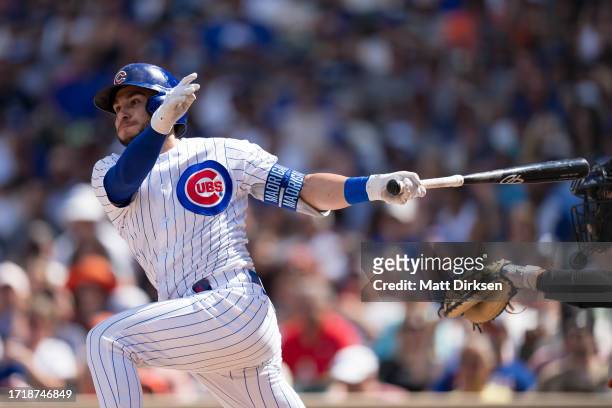 Nick Madrigal of the Chicago Cubs watches the flight of the ball in a game against the San Francisco Giants at Wrigley Field on September 4, 2023 in...