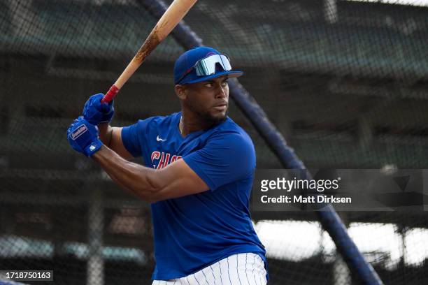 Alexander Canario of the Chicago Cubs takes batting practice before a game against the San Francisco Giants at Wrigley Field on September 5, 2023 in...