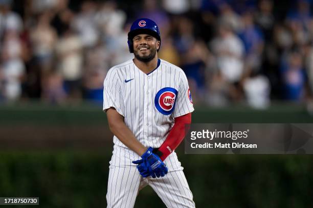 Jeimer Candelario of the Chicago Cubs reacts after hitting a double in a game against the San Francisco Giants at Wrigley Field on September 5, 2023...
