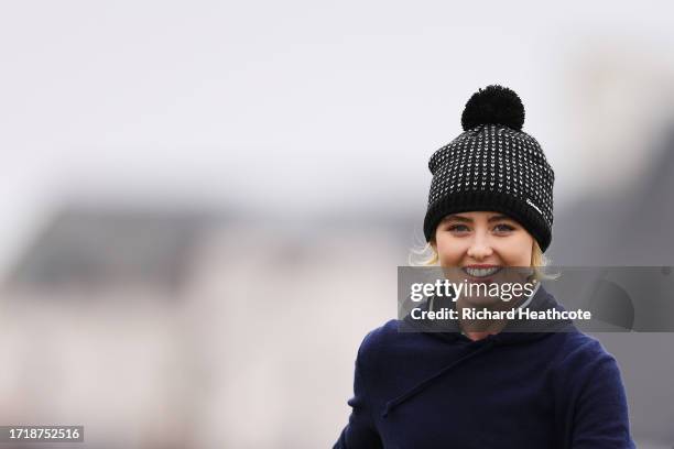 Actress, Kathryn Newton walks from the 17th tee during Day One of the Alfred Dunhill Links Championship at Carnoustie Golf Links on October 05, 2023...