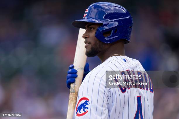 Alexander Canario of the Chicago Cubs looks on in a game against the San Francisco Giants at Wrigley Field on September 6, 2023 in Chicago, Illinois.