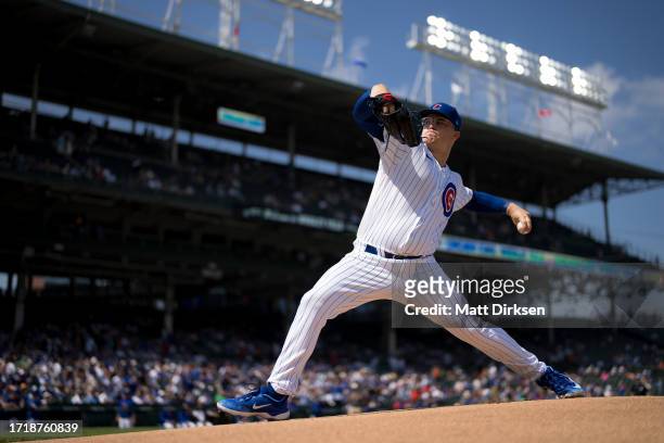 Jordan Wicks of the Chicago Cubs warms up on the mound prior to a game against the San Francisco Giants at Wrigley Field on September 6, 2023 in...