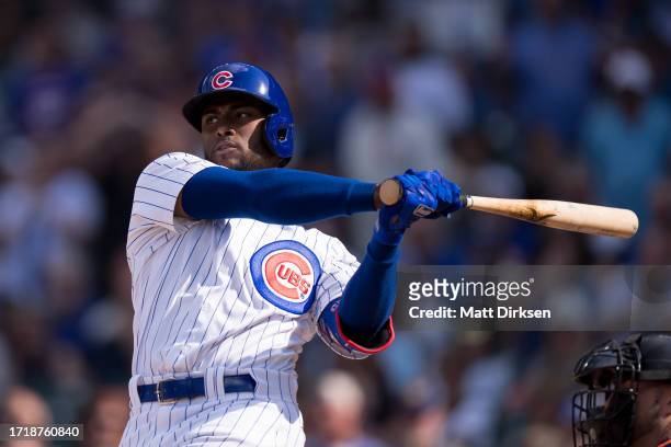 Alexander Canario of the Chicago Cubs bats in a game against the San Francisco Giants at Wrigley Field on September 6, 2023 in Chicago, Illinois.