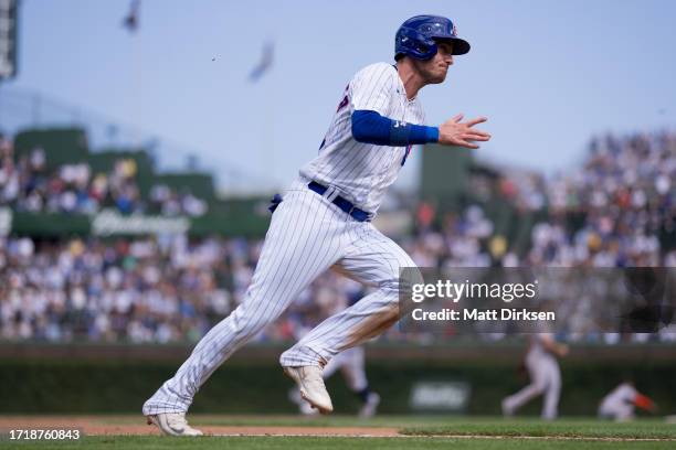 Cody Bellinger of the Chicago Cubs rounds third base in a game against the San Francisco Giants at Wrigley Field on September 6, 2023 in Chicago,...