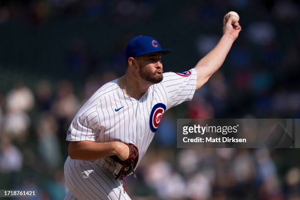 Luke Little of the Chicago Cubs pitches in a game against the San Francisco Giants at Wrigley Field on September 6, 2023 in Chicago, Illinois.