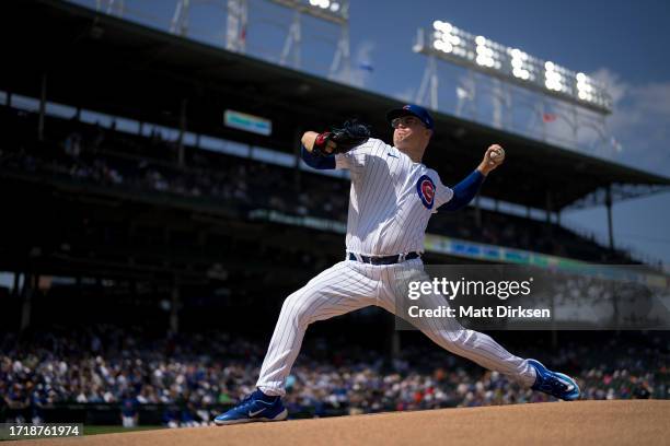 Jordan Wicks of the Chicago Cubs warms up on the mound prior to a game against the San Francisco Giants at Wrigley Field on September 6, 2023 in...