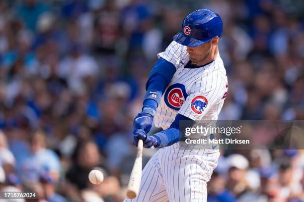 Cody Bellinger of the Chicago Cubs bats in a game against the San Francisco Giants at Wrigley Field on September 6, 2023 in Chicago, Illinois.