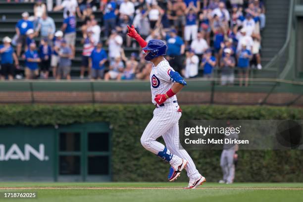 Miguel Amaya of the Chicago Cubs celebrates a home run in a game against the San Francisco Giants at Wrigley Field on September 6, 2023 in Chicago,...