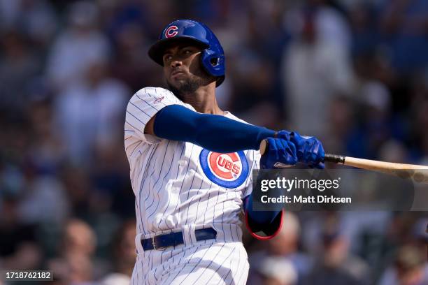 Alexander Canario of the Chicago Cubs bats in a game against the San Francisco Giants at Wrigley Field on September 6, 2023 in Chicago, Illinois.