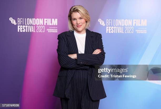 Filmmaker Emerald Fennell poses ahead of the Screen Talk at the 67th BFI London Film Festival at the BFI Southbank on October 05, 2023 in London,...