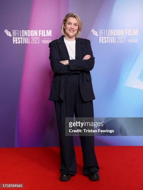 Filmmaker Emerald Fennell poses ahead of the Screen Talk at the 67th BFI London Film Festival at the BFI Southbank on October 05, 2023 in London,...