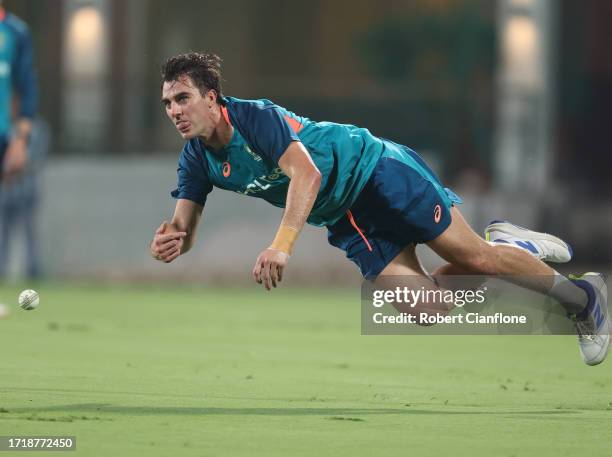 Pat Cummins of Australia fields during an Australian training session at the ICC Men's Cricket World Cup India 2023 at M. A. Chidambaram Stadium on...