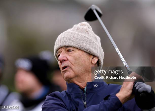 Actor and Comedian, Bill Murray tees off on the 17th hole during Day One of the Alfred Dunhill Links Championship at Carnoustie Golf Links on October...