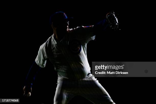 Javier Assad of the Chicago Cubs warms up prior to a game against the Pittsburgh Pirates at Wrigley Field on September 19, 2023 in Chicago, Illinois.