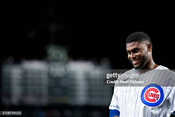 Alexander Canario of the Chicago Cubs reacts after a win in a game against the Pittsburgh Pirates at Wrigley Field on September 19, 2023 in Chicago,...