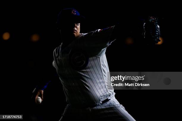 Javier Assad of the Chicago Cubs warms up prior to a game against the Pittsburgh Pirates at Wrigley Field on September 19, 2023 in Chicago, Illinois.