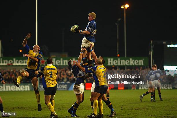 Leo Cullen of Leinster wins a line-out during the Heineken Cup Pool 4 match between Leinster and Montferrand held on December 13, 2002 at Donnybrook,...