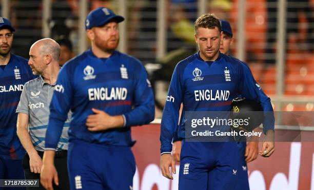 Jos Buttler of England cuts a dejected figure during the ICC Men's Cricket World Cup India 2023 between England and New Zealand at Narendra Modi...