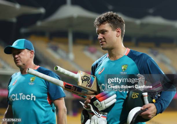 Alex Carey of Australia heads to the nets during an Australian training session at the ICC Men's Cricket World Cup India 2023 at M. A. Chidambaram...