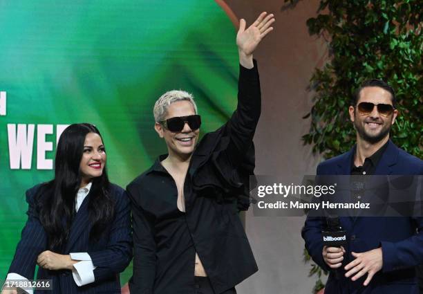 Christian Chávez, Maite Perroni, and Christopher von Uckermann from RBD at the Billboard Latin Conference at the Faena Forum on October 4, 2023 in...