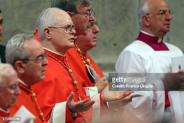 Archbishop of Sao Paulo, Cardinal Odilo Pedro Scherer attends the mass and imposition of the Pallium upon the new metropolitan archbishops held by...