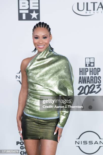 Pretty Vee arrives to the BET Hip Hop Awards at Cobb Energy Performing Arts Center on October 03, 2023 in Atlanta, Georgia.