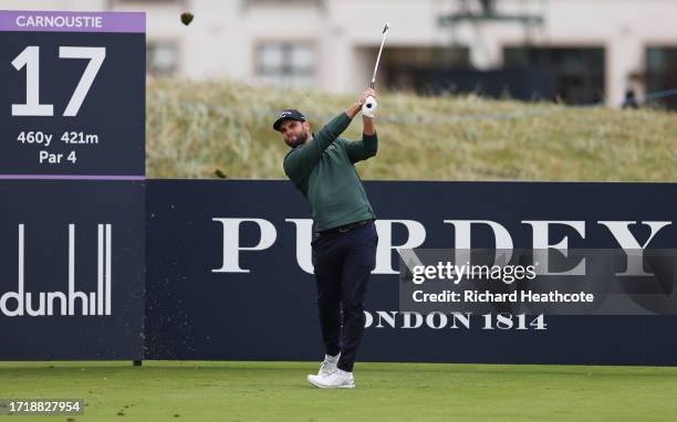 Adri Arnaus of Spain tees off on the 17th hole during Day One of the Alfred Dunhill Links Championship at Carnoustie Golf Links on October 05, 2023...