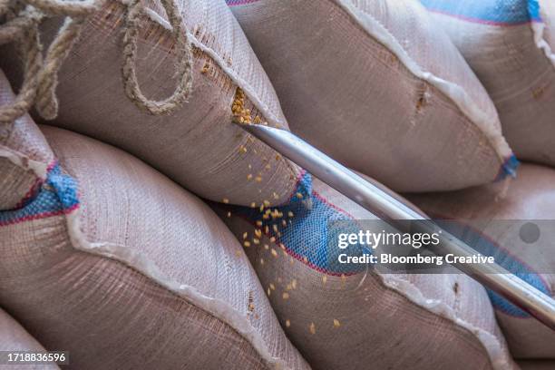 wheat grain falling from a sack - husk stockfoto's en -beelden