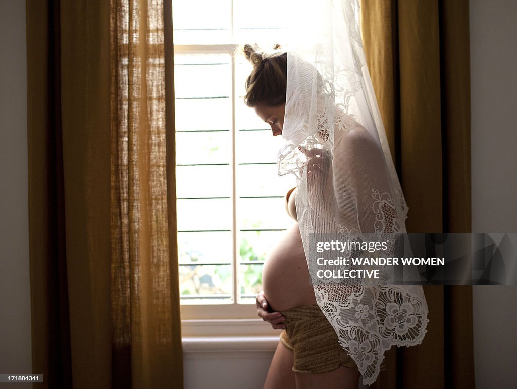 Beautiful Pregnant woman at home in window