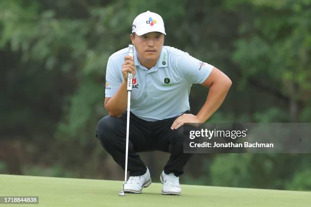 Kyoung-Hoon Lee of South Korea lines up a putt on the 14th green during the first round of the Sanderson Farms Championship at The Country Club of...