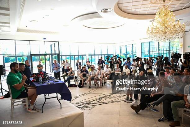 Paris , France - 11 October 2023; Head coach Andy Farrell, left, and Jonathan Sexton speak to the media during an Ireland Rugby media conference at...