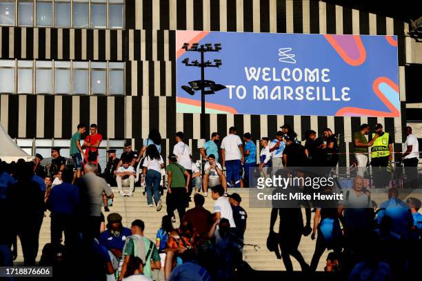 General view outside the stadium as fans arrive prior to the UEFA Europa League match between Olympique de Marseille and Brighton & Hove Albion at...