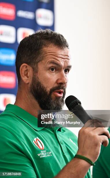 Paris , France - 11 October 2023; Head coach Andy Farrell during an Ireland Rugby media conference at Stade Omnisports des Fauvettes in Domont,...